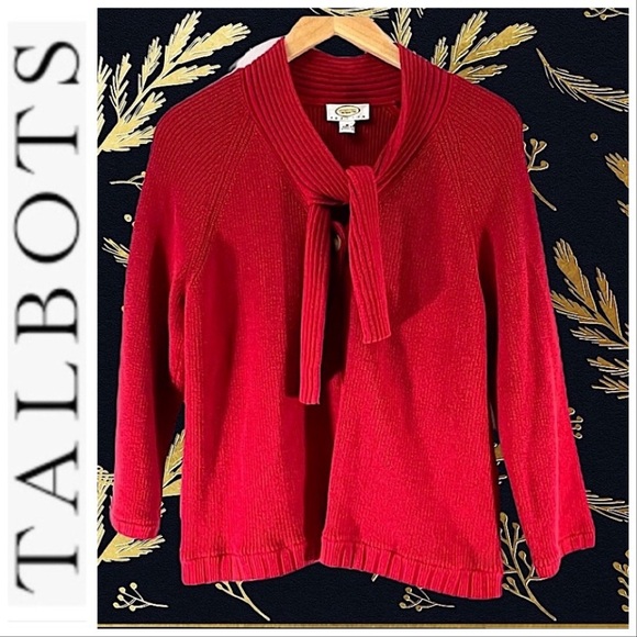 TALBOTS🎄 Cropped Red Sweater with mock turtleneck with tie collar MP - Picture 11 of 13